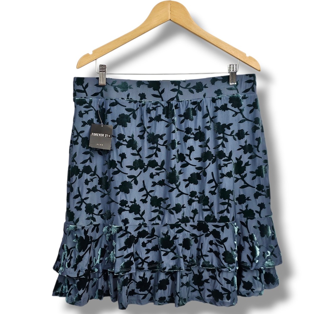 Y2K Velvet Burnout Mini Skirt 2X Teal Floral Tiered Ruffle Whimsigoth Dark Fairy